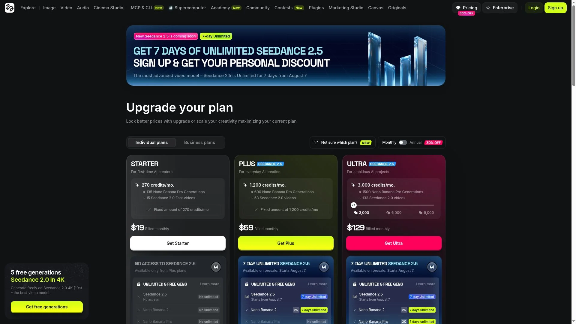 Higgsfield's pricing page: Starter $19, Plus $59, Ultra $129, each with the credit equivalents printed on the card